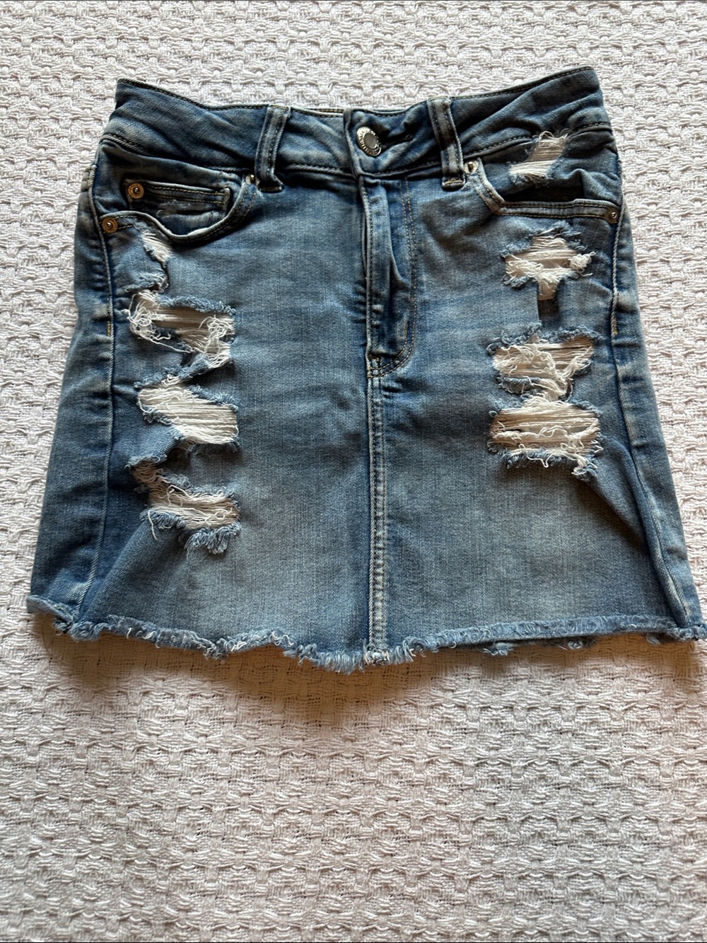 American Eagle Outfitters Distressed Light Blue Denim Mini Skirt